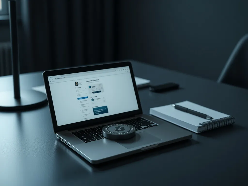 A professional office desk with a secure laptop, a physical