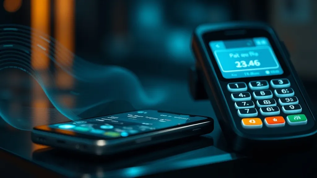 High-tech macro shot of a smartphone near a payment terminal